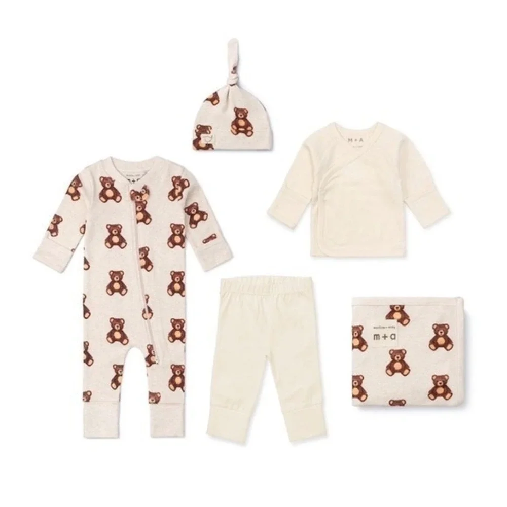 Monica + Andy Baby 3-6 Months Cuddle 5pc Set Teddy Bear Organic Cotton Cream